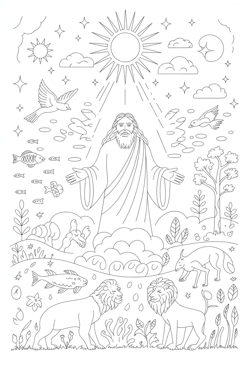 Christian Coloring Pages for Kids: 20 Inspirational Designs to Inspire Faith 29 A scene showing God creating the world with the sun, moon, stars, plants, animals, birds, and fish surrounding Him.